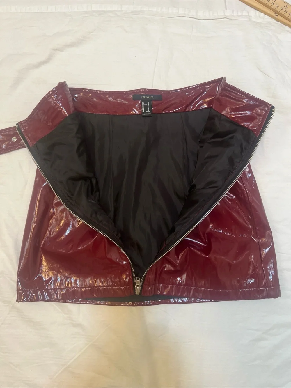 Forever 21 Burgundy Faux Patent Leather Belted Zip Mini Skirt Sz S